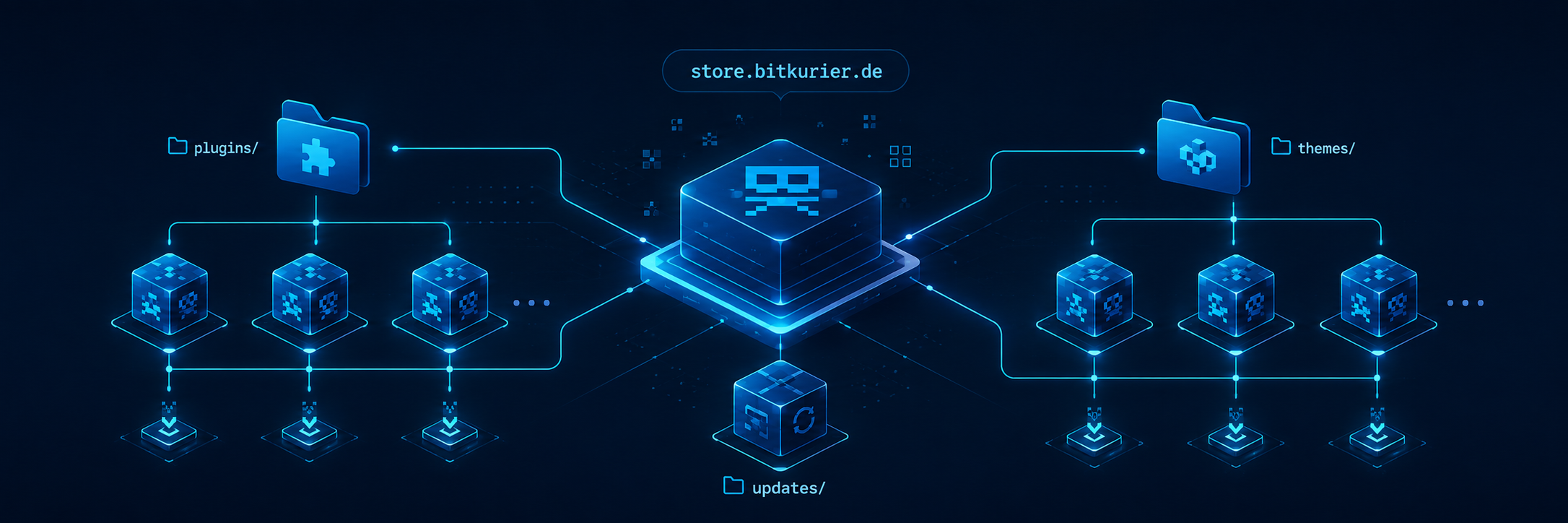 Technische Visualisierung des BITkurier Stores mit zentralem Store-Hub, Plugin-, Theme- und Update-Struktur